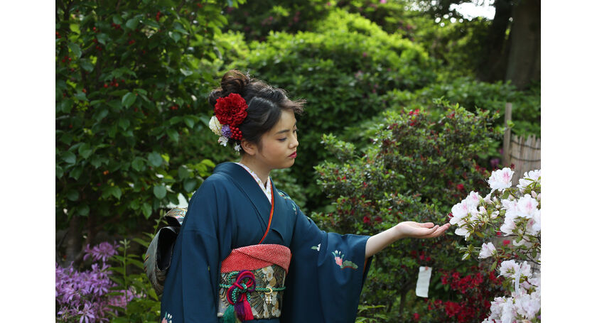 文京区根津の根津神社でツツジの花に見とれる姿が美しい成人式の前撮り撮影